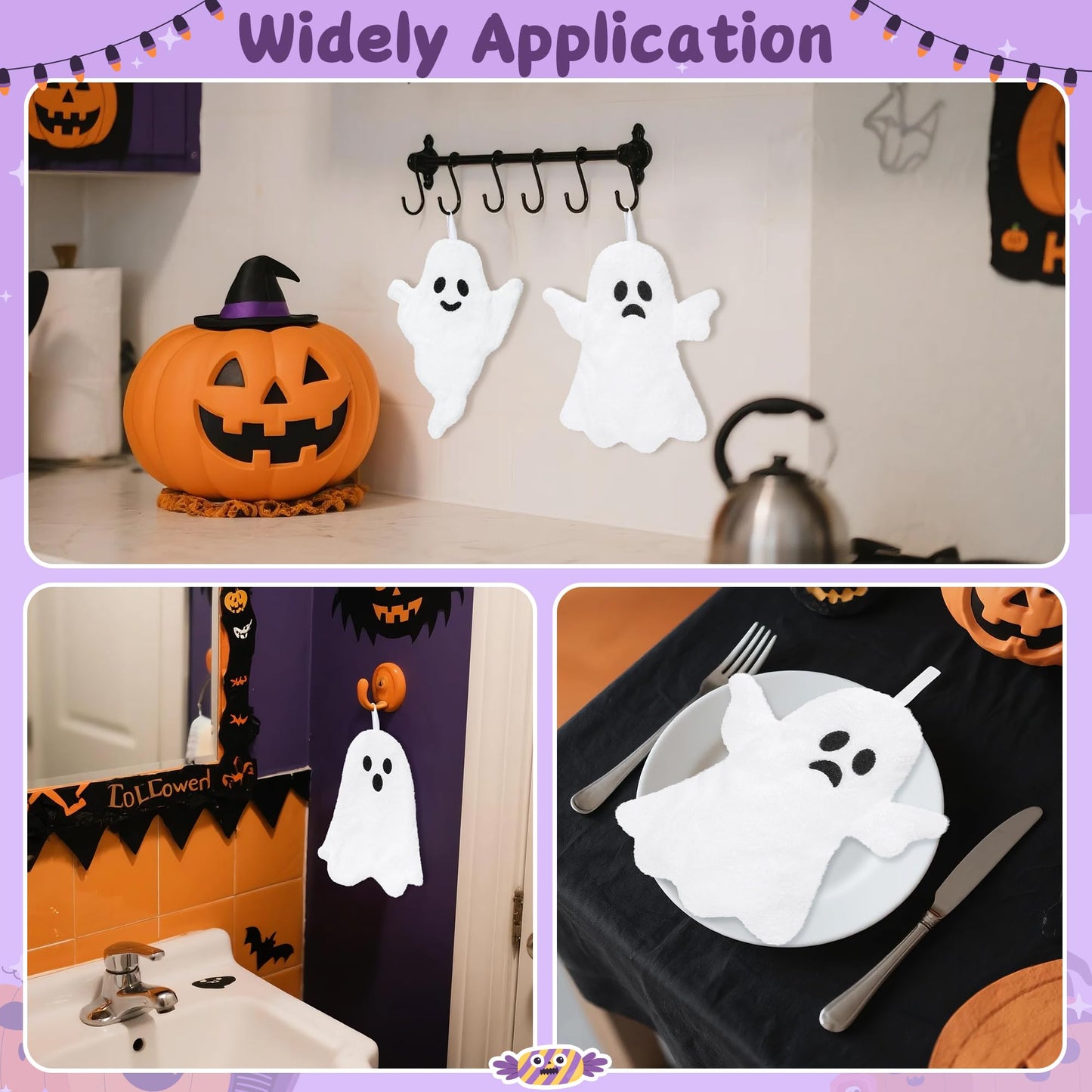 R HORSE Halloween Hand Towels - 3Pcs Halloween White Ghost Bathroom Towels with Hanging Loop Absorbent Coral Fleece Bathroom Hand Towel Soft Thick Dish Cloth for Kitchen Home Decors Holiday Party Gift