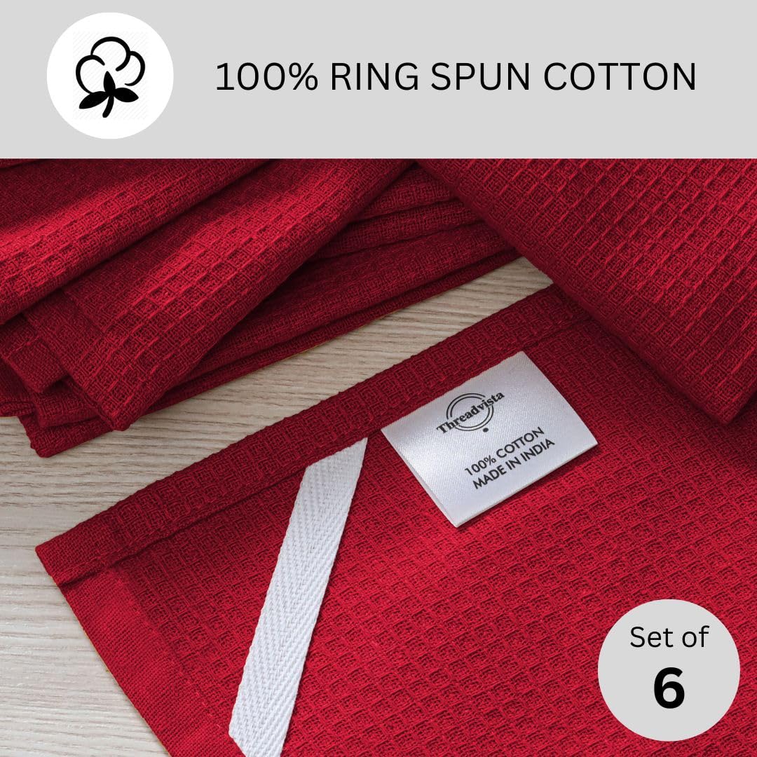 Threadvista 100% Cotton Waffle Kitchen Towels Set of 6 - Soft Highly Absorbent Durable Reusable - Perfect for Drying Cleaning Everyday Kitchen Use - Quick Drying Premium Dish Towels 16x26 Inch Red