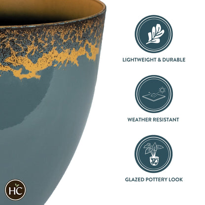 The HC Companies 11.5 Inch Seabrook Decorative Round Planter - Lightweight Premium Resin Plant Pot with a Ceramic Look for Indoor Outdoor Use, Slate Blue