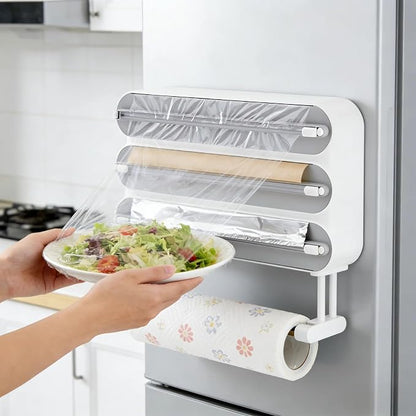 Kitchen Wrap Organizer Wall Mount — Plastic Wrap, Aluminum Foil, Parchment Paper & Paper Towel Holder, 4-in-1 Magnetic Cabinet Organizer, Space Saving ABS Kitchen Storage