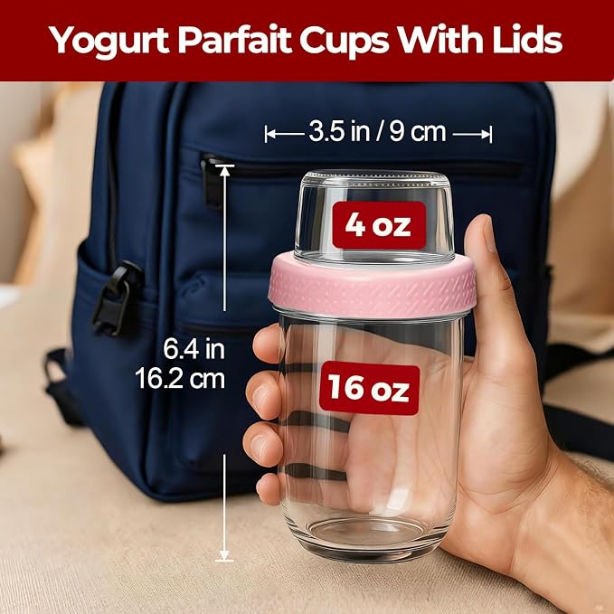 16+4oz Glass Yogurt Parfait Cups with Lids, Reusable Containers with Dry & Wet Separation, Leak-Proof for Overnight Oats, Meal Prep, Portable to Work & School, Easy Clean 2 Pack (Pink+Green)