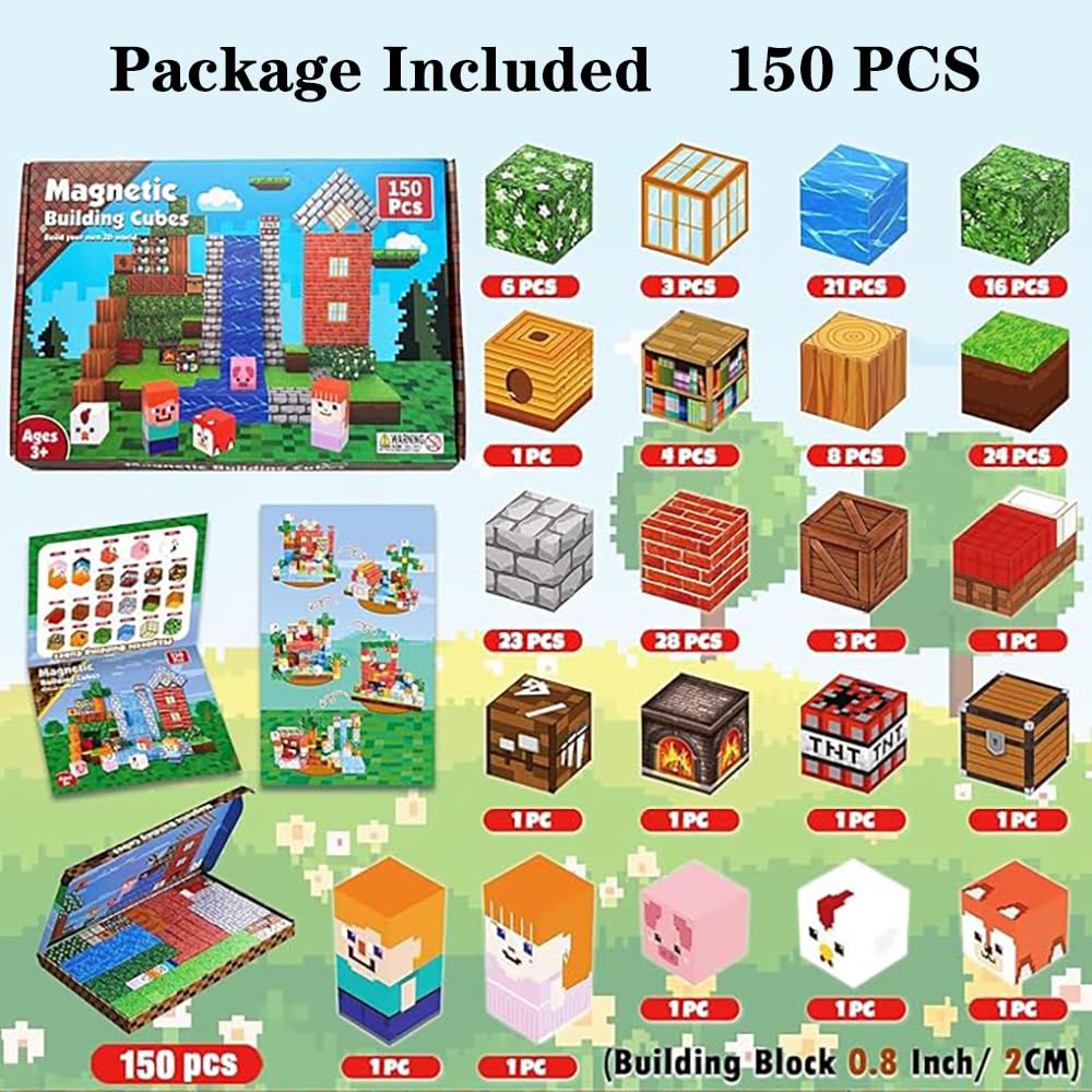 Wattlink Magnetic Building Blocks Set, 150 Pieces Educational Construction Cubes with Magnets, 3D Building Toys for Ages 3+, Compatible with Multiple Themes