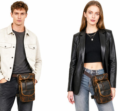Handadsume Water Resistant Canvas + Leather Motorcycle Travel Fanny Waist Pack Drop Thigh Leg Bag Pouch For Men Women FB913-5 (100% Genuine Leather-X3112 Brown)