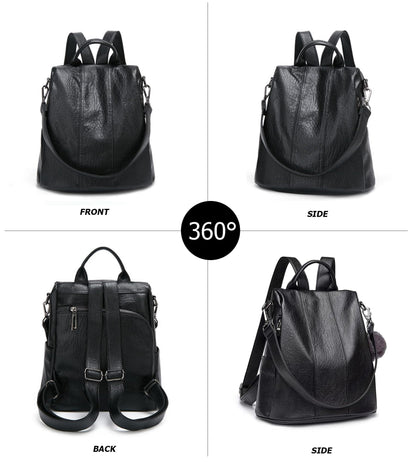 myfriday Vintage Faux Leather Backpack for Women, Soft Rucksack Backpack with Anti-Theft Pocket Convertible Shoulder Handbag (Black)