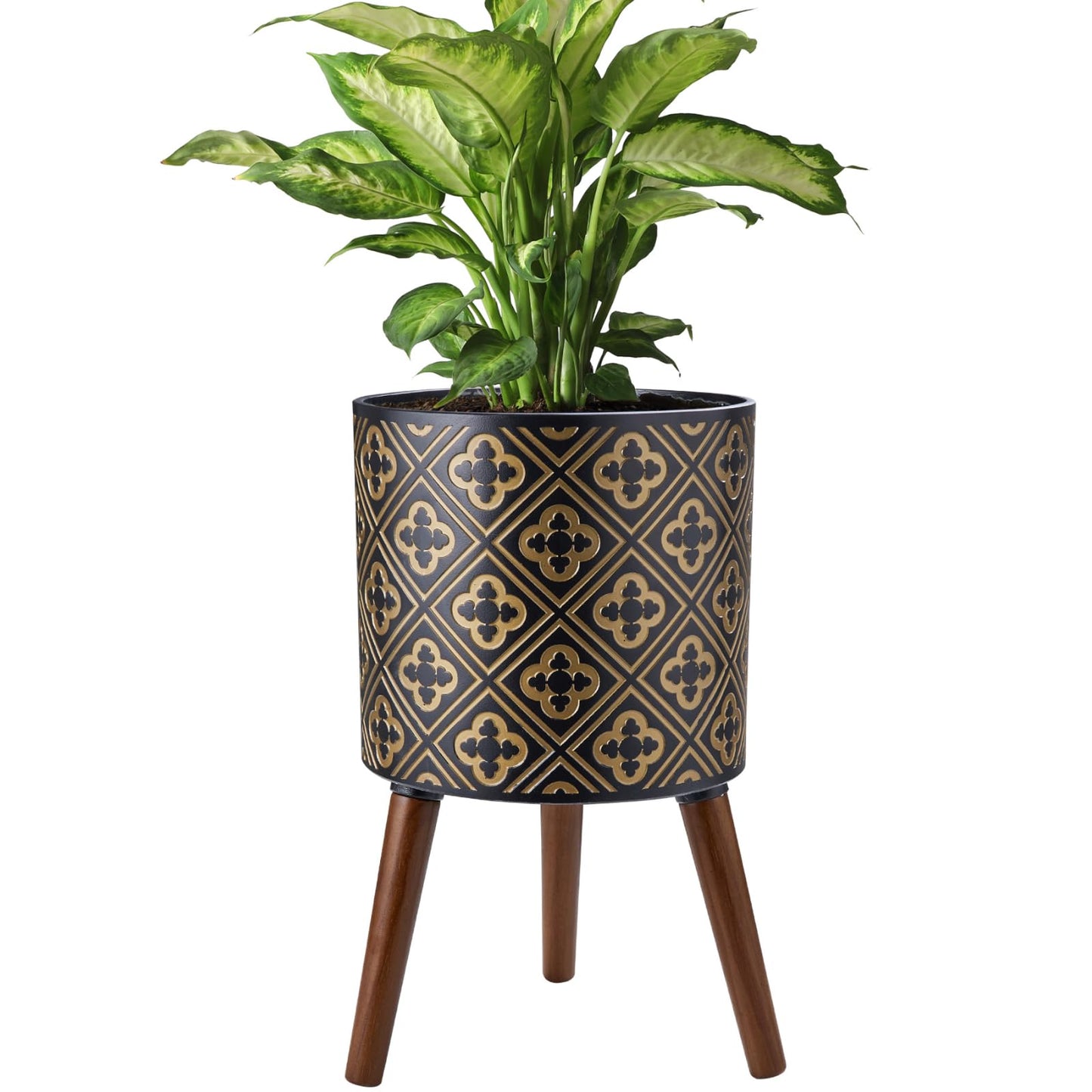 nacltlo12 Inch Plant with Stand Planter for Indoor Plants Large Modern Mid-Century Plant Pots Indoor Outdoor with Drainage for Home Garden Patio,Black and Gold