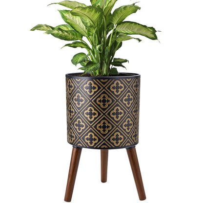 nacltlo12 Inch Plant with Stand Planter for Indoor Plants Large Modern Mid-Century Plant Pots Indoor Outdoor with Drainage for Home Garden Patio,Black and Gold