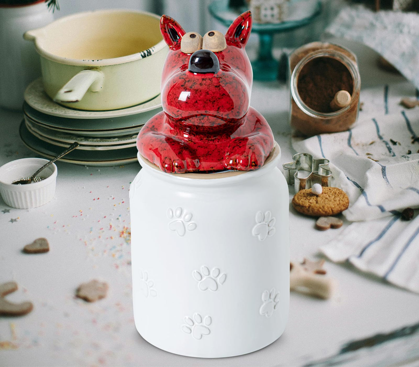 GABROC Dog Cookie Jar with Airtight Sealing Lid Matte White Ceramic Candy Jar with Lid– Cute Cartoon Dog Shape, Red‑Black Glaze Artistry