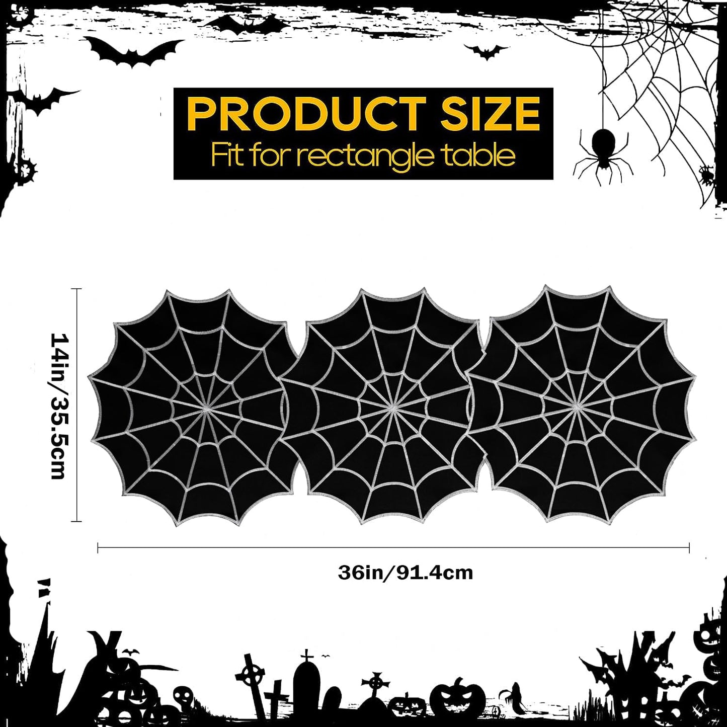 Joyfol Day Halloween Table Runner 14 x 36 Inch, Embroidered Spider Web Table Runners, Black Fireplace Mantel Scarf, Halloween Table Decorations for Parties Gothic Scary Nights
