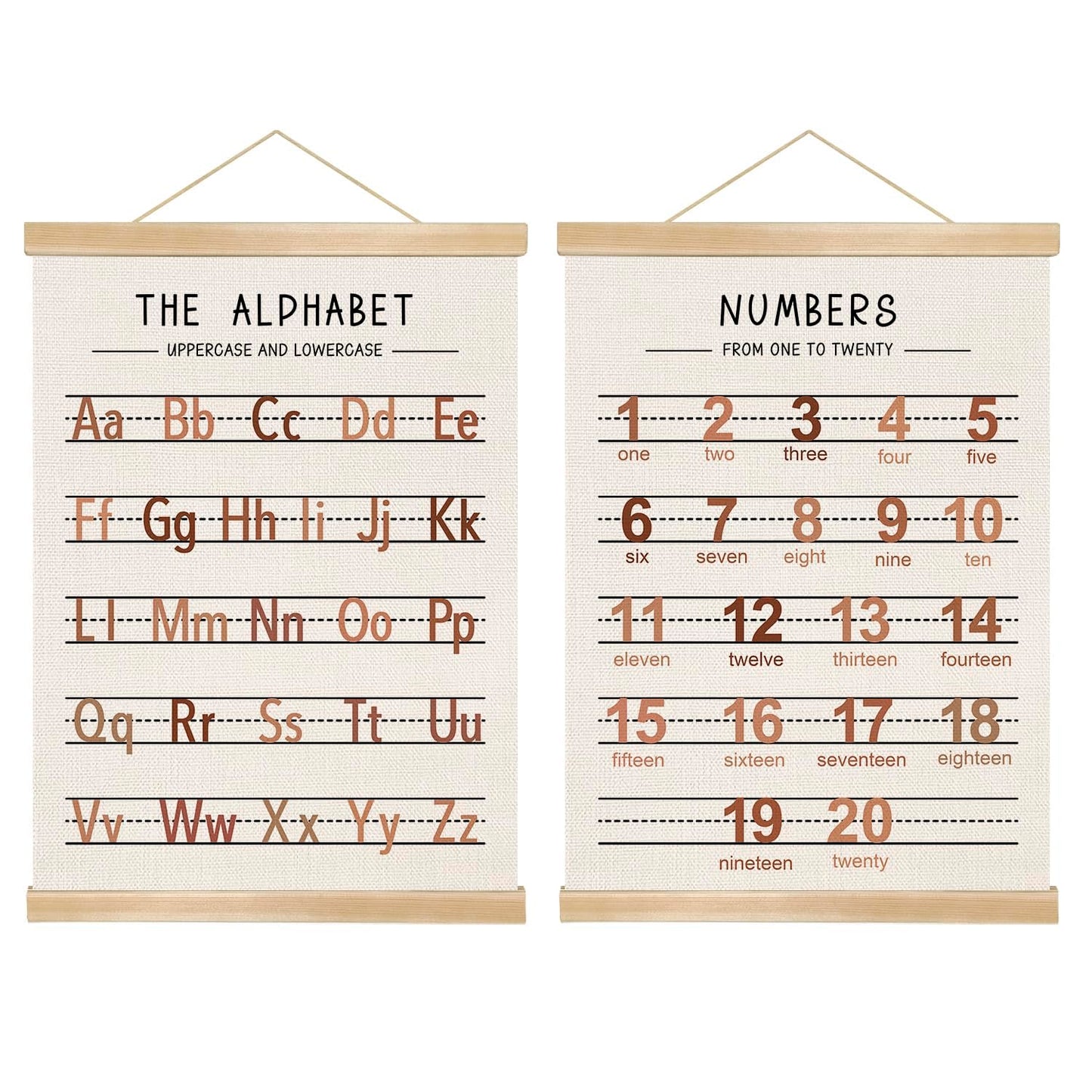 Alphabet and Numbers Wall Chart Set of 2 ,Nursery Educational Canvas Posters,Alphabet and 1-20 Number Learning Banners for Toddlers, Preschool Classroom, Homeschool, Playroom,Kids Room Decor 14 x 18.5 Inch (Brown)