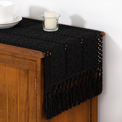 DeZerlor Boho Macrame Table Runner Spring Easter Farmhouse Woven Table Runner with Tassels 90 Inches Halloween Black Cotton Linen Kitchen Table Decor for Dining Dresser Home Tea Table Decor
