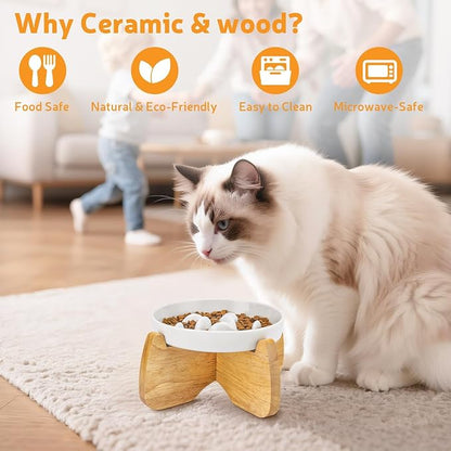 Raised Ceramic Slow Feeder Cat Bowl 6.3" Wide with Stand (1 Pack) | Anti-Gulping & Keep Fit, Dishwasher Safe, For Dry and Wet Food, For Cats and Small Dogs, Shallow Bottom Puzzle Feeder