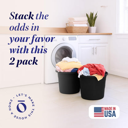 HOMZ 2-Pack Utility Tub, Large Plastic Storage Bucket with Rope Handles, 17 Gallon, Black - Portable Indoor and Outdoor Buckets for Kitchen, Laundry, Garden, Bathroom, and Garage Organization