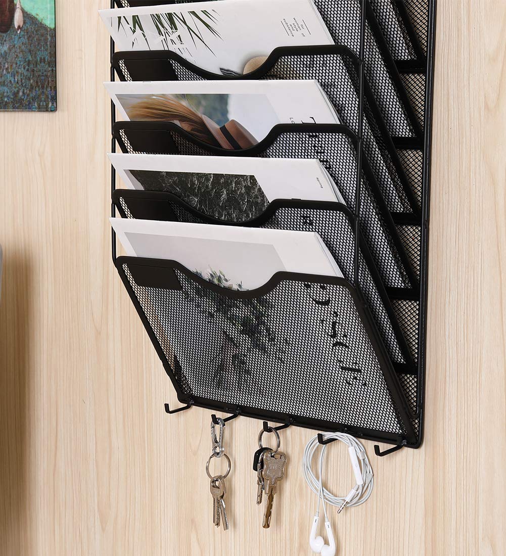EasyPAG 8 Pocket Mesh Wall File Organizer with Key Hooks, Hanging Paper Folder Holder with Classify Label, Vertical Wall Mount Mail Organizer for Office Home Classroom, Black