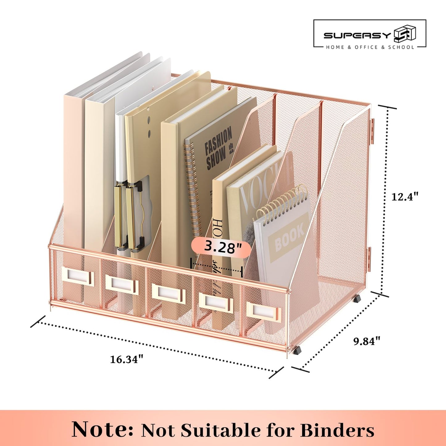 SUPEASY Desk Organizers Metal Desk Magazine File Holder with 5 Vertical Compartments Rack File Organizer for Office Desktop, Home Workspace, Rose Gold