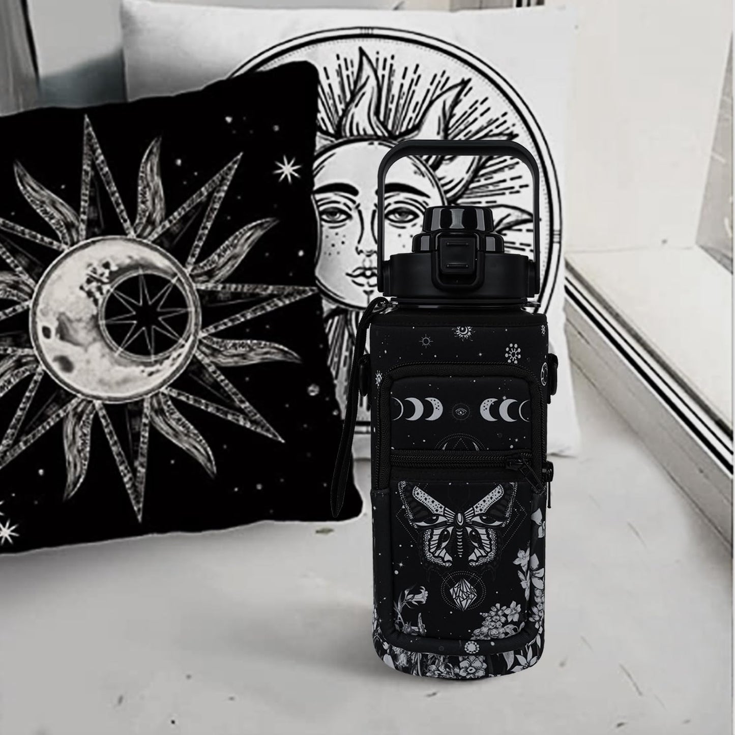 Baiheyi Goth Moon 64 oz Water Bottle with Sleeve - BPA-Free, Leakproof, Time Marker & Flip Top Lid - Motivational for Halloween Spooky Gifts for Women (Christmas, Birthday)