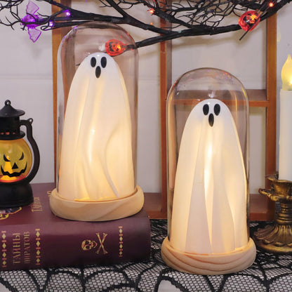 Halloween Decorations Indoor, Light Up Ghosts in Glass Domes with Wood Base, Cute Halloween Decor for Table, Fireplace, Bookshelf – Spooky Halloween Decor Kit (2 Pack)