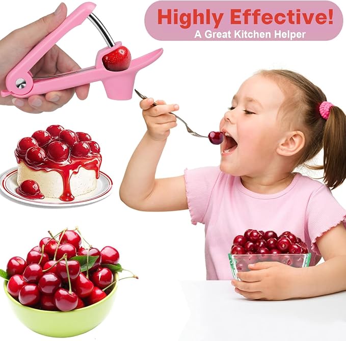 Cherry Pitter Tool, Cherry and Olive Pitter, Easy to Use and Clean, Stainless Steel and ABS, Pink Handle