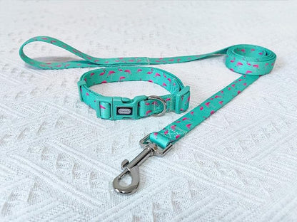 Dog Collar Leash Set, Flamingo Pattern, Polyester Material, Adjustable Collar and 5ft Matching Leash, for Medium Dogs.(M, Green Flamingo)
