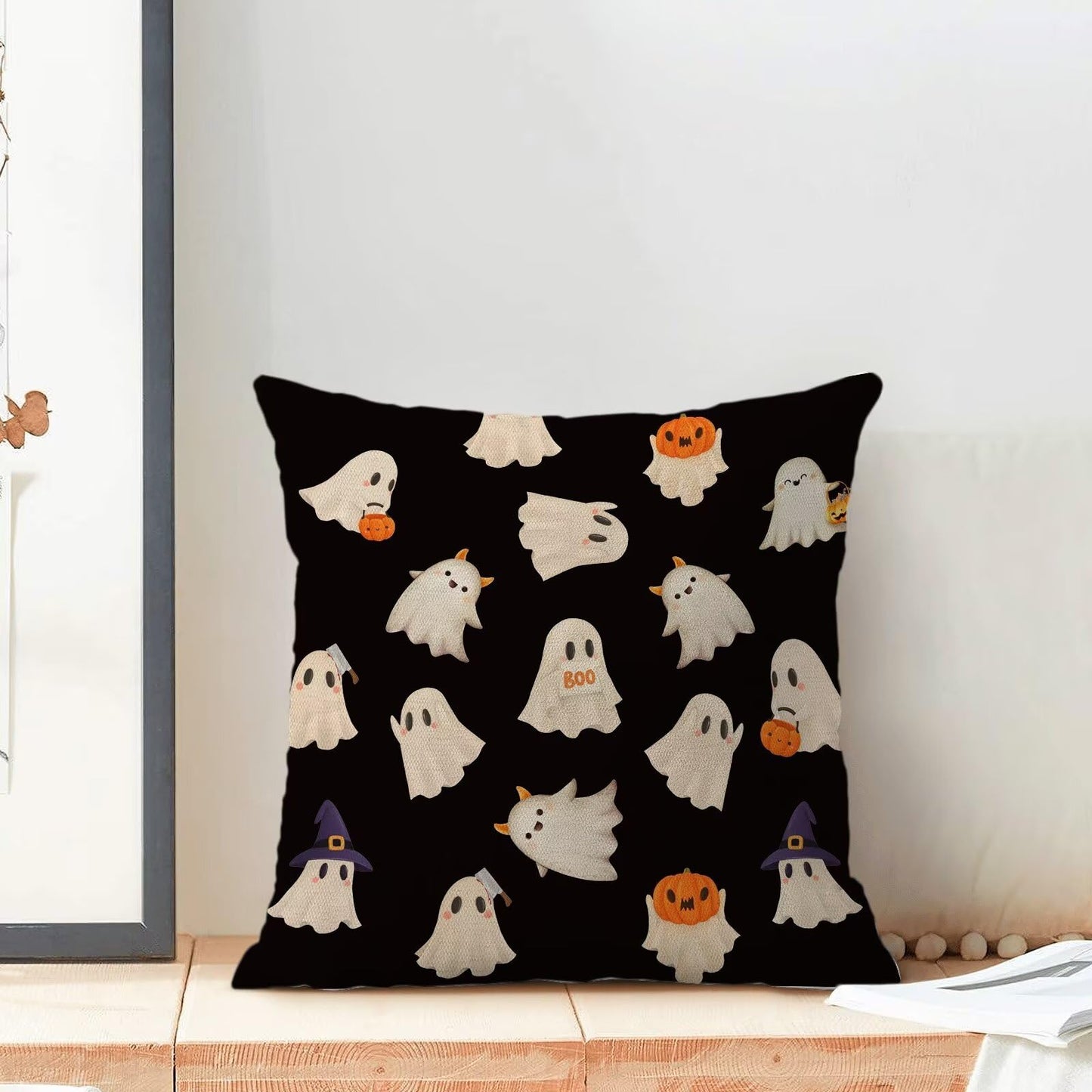 Jecuwo Halloween Pillow Covers 16x16 Inch Set of 2, Happy Halloween Funny Ghost Pumpkin Decorative Throw Pillowcase Black and White Ghost Cushion Cover for Sofa Couch Living Room Bed Decor