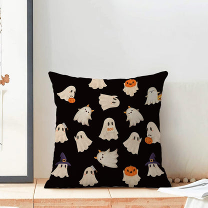 Jecuwo Halloween Pillow Covers 16x16 Inch Set of 2, Happy Halloween Funny Ghost Pumpkin Decorative Throw Pillowcase Black and White Ghost Cushion Cover for Sofa Couch Living Room Bed Decor