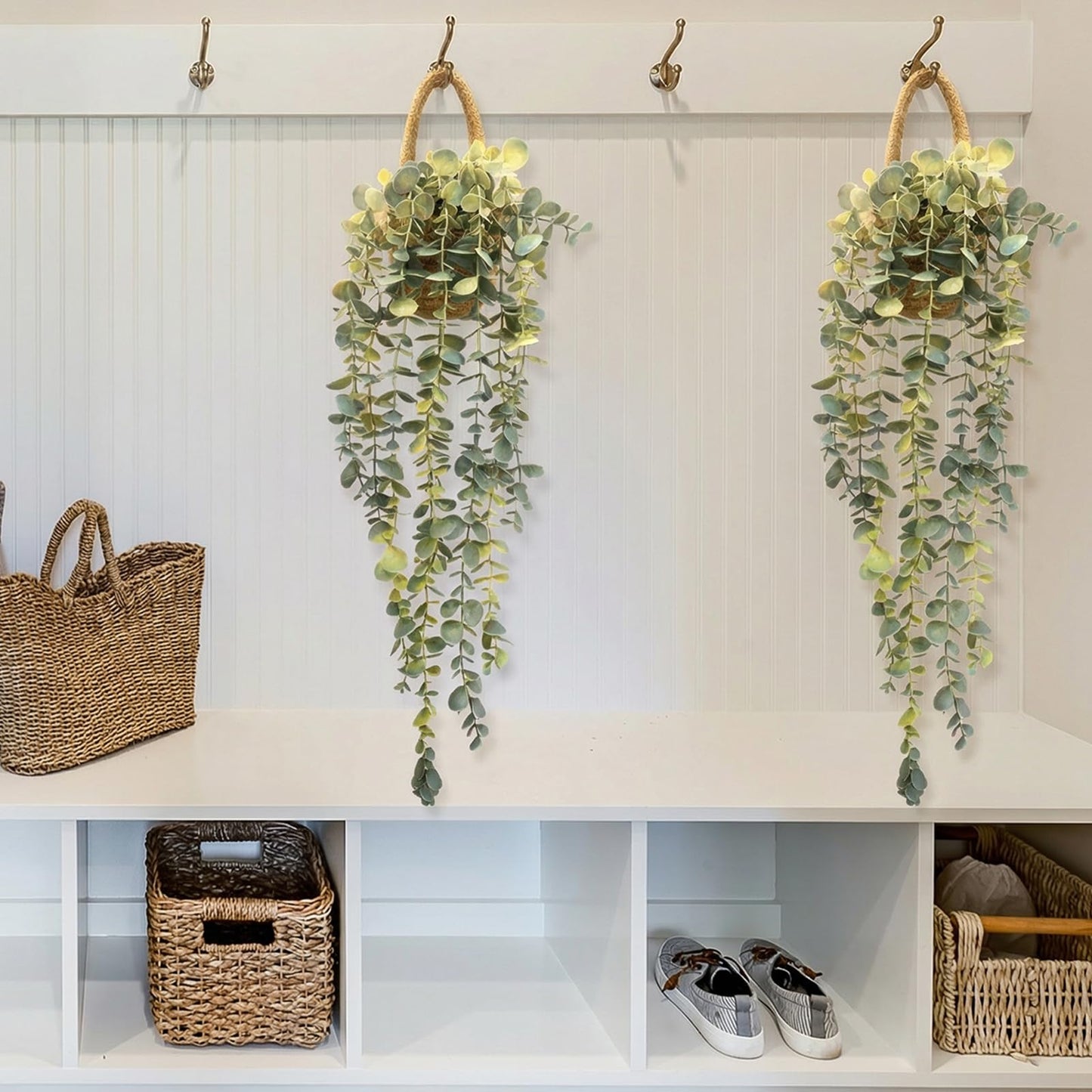 HOFMEFY Fake Hanging Plant Decor Indoor, Eucalyptus Artificial Faux Plants in Wall Woven Planters, Jute Hanger with Black Pot Soft Green 1PCS 23Inch Long