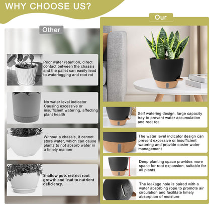 WEICHENGXING Plant Pots,12/10/9/8/ Inch Large Plastic Self Watering Flower Pots Indoor Outdoor with Drainage Holes, Deep Reservoir,Nursery Planting Pot for Indoor Out Door Plants Black
