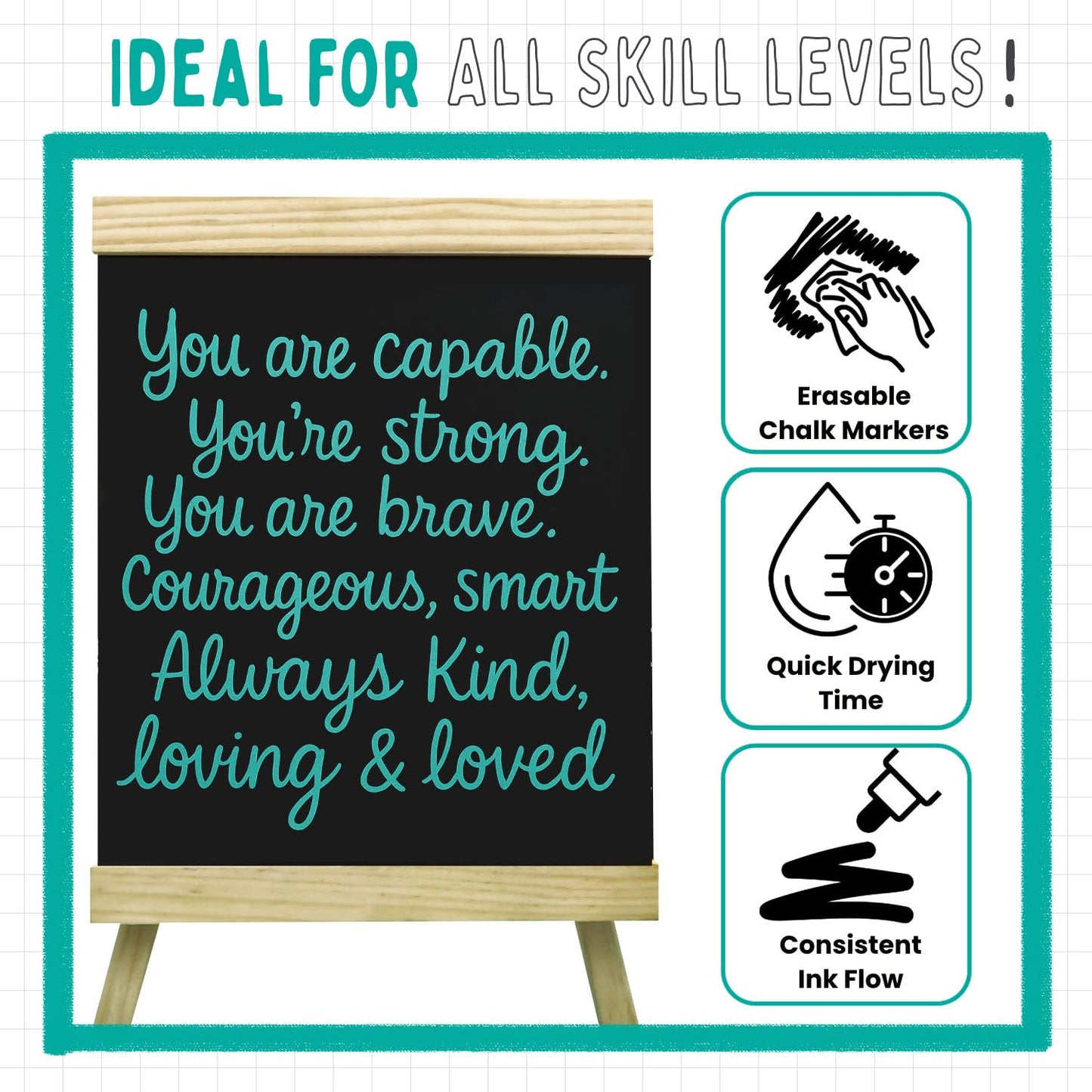 Chalkola 5 Teal Chalk Markers - Dry Erase Markers for Blackboard, Chalkboard Signs, Windows, Glass, Car | Variety Pack - Chalkboard Chalk Pens, Fine & Jumbo Size Ink Pen (1mm, 3mm, 6mm, 10mm, 15mm)