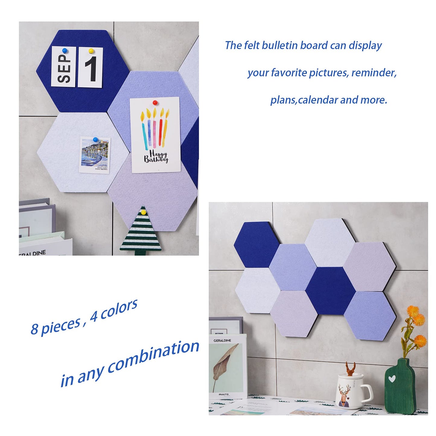 Afumazi 8Pcs Hexagon Felt Cork Board Tiles Self Adhesive Bulletin Board, Pin Board for Wall Decor Memos Photos Display (Set B)