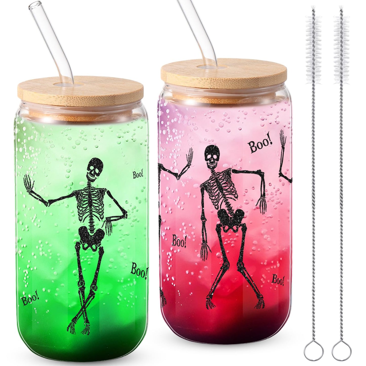 Zhehao Set of 2 16 oz Summer Halloween Skeleton Glass Cups with Lids Straws and Cleaning Brush, Skeleton Iced Coffee Cup Drinking Glasses Tumbler for Halloween Gifts Boo Basket Stuffers