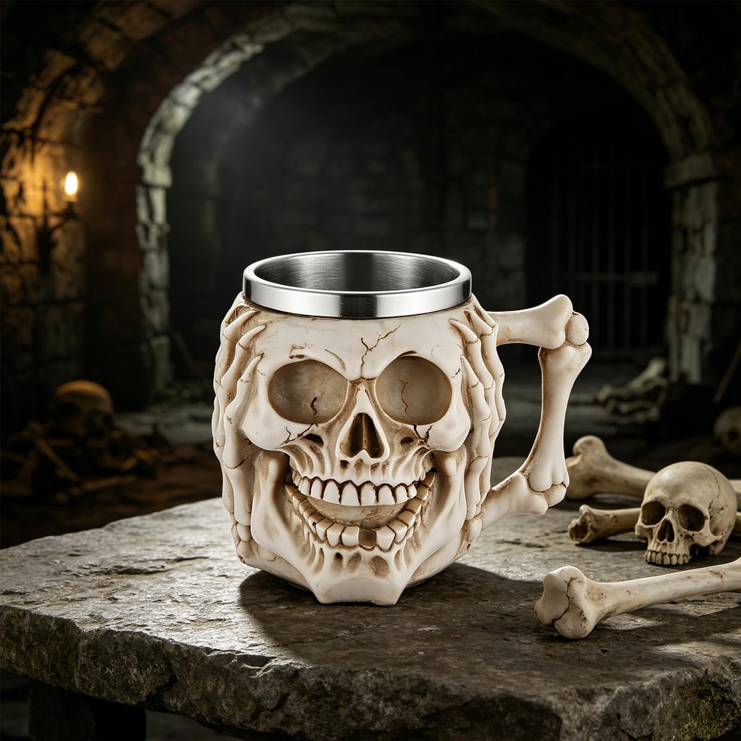 AsAlways Stainless Steel Skull Beer Mug Gothic Beer Stein Novelty Drinking Cup for Wine Coffee Halloween Accessory Gift 400ML/13.5OZ