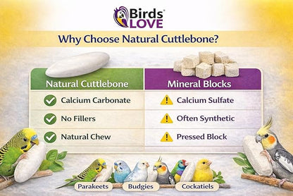Birds LOVE 3.5-4″ Cuttlebone for Birds – 100% Natural Sun-Dried Calcium Carbonate Mineral Supplement – for Parakeets, Budgies, Cockatiels, Finches & Canaries – 12 Pack with Holder – Made in Vietnam