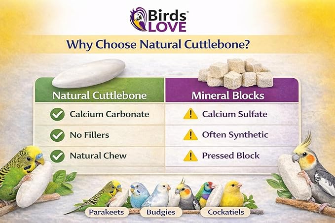 Birds LOVE 7.5-8" Cuttlebone for Birds – 100% Natural Sun-Dried Calcium Carbonate Mineral Supplement – for Parakeets, Budgies, Cockatiels, Finches & Canaries – 1 Pack with Holder – Made in Vietnam