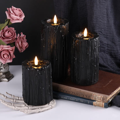Eywamage Black Dripping Wax Flameless Pillar Candles with Remote, Flickering Halloween Battery LED Candles Set of 3