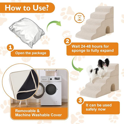 Dog Stairs for Bed 19.5’’ H, 4-Step Dog Steps for High Bed, Pet Stairs for Small Dogs and Cats to Get on Beds, Couch, Non-Slip Balanced Pet Steps and Ramp with Waterproof Cover and Tunnel, Beige
