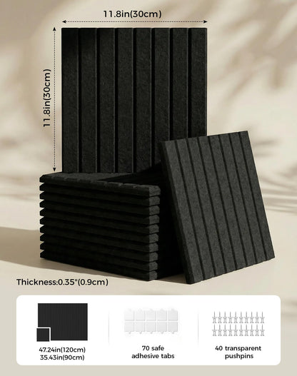 Aothia 12-Pack Felt Bulletin Board Tiles 48"x36", Modular Pin Board for Smooth Walls, Cork Board Alternative for Notes & Photos, 0.35" Thick, 70 Adhesive Tabs & 40 Pins, Black