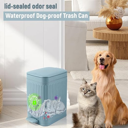 rejomiik Small Bathroom Trash Can with Lid Slim Soft Close Garbage Can Step Wastebasket Container Trash Bin for Office Bedroom Kitchen Living Room 1.9 Gallon, Light Blue