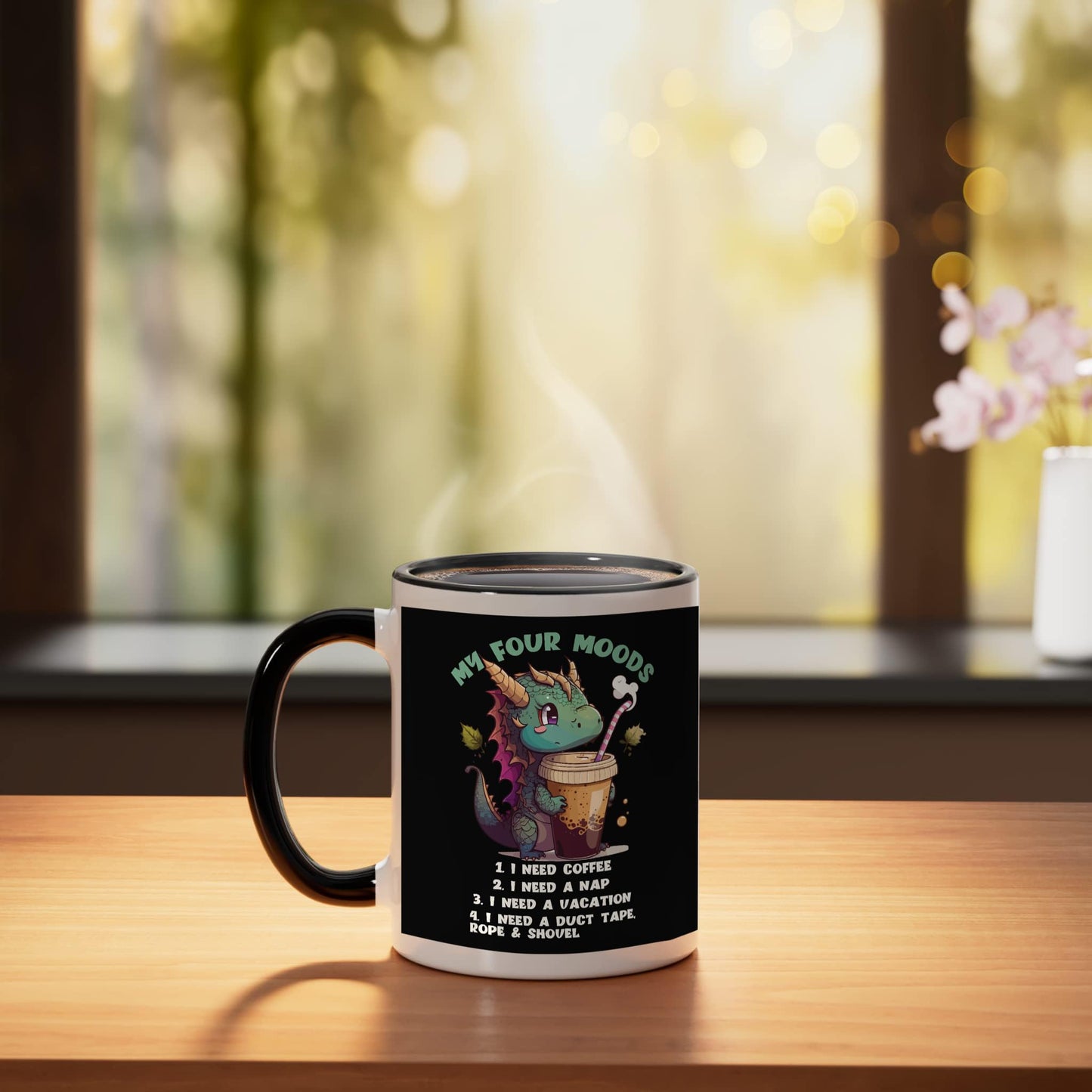 My Four Moods Dragon Tshirt I Need Coffee I Need A Nap Ceramic Mug, Black/White
