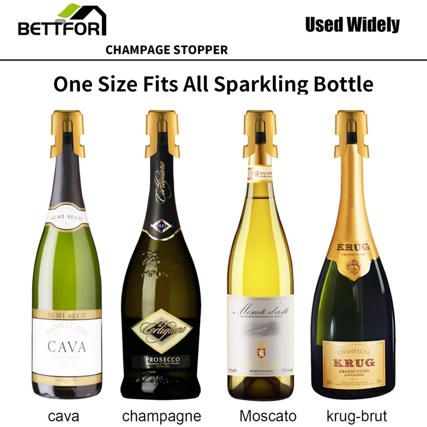 BETTFOR Champagne Stoppers with Stainless Steel Champagne Saver with Food Grade Silicone Leak proof Keep Fresh Suitable for Champagne, Cava, Prosecco and Sparkling(Gold, 6 Pack)