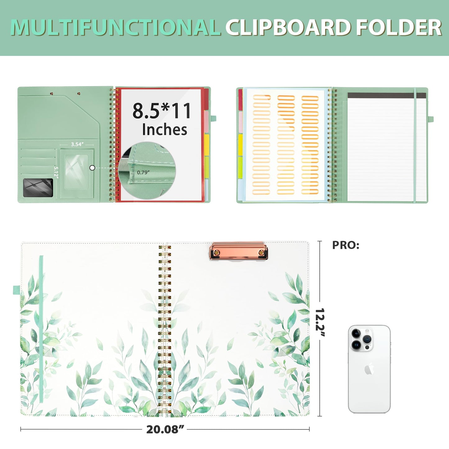 Ospelelf Clipboard with Storage, Leather Padfolio Portfolio Organizer 5 Folders with 10 Pockets, Spiral Clipboard Folio with Notepad for Letter Size, Elastic Closure and Pen Loop Green Plants