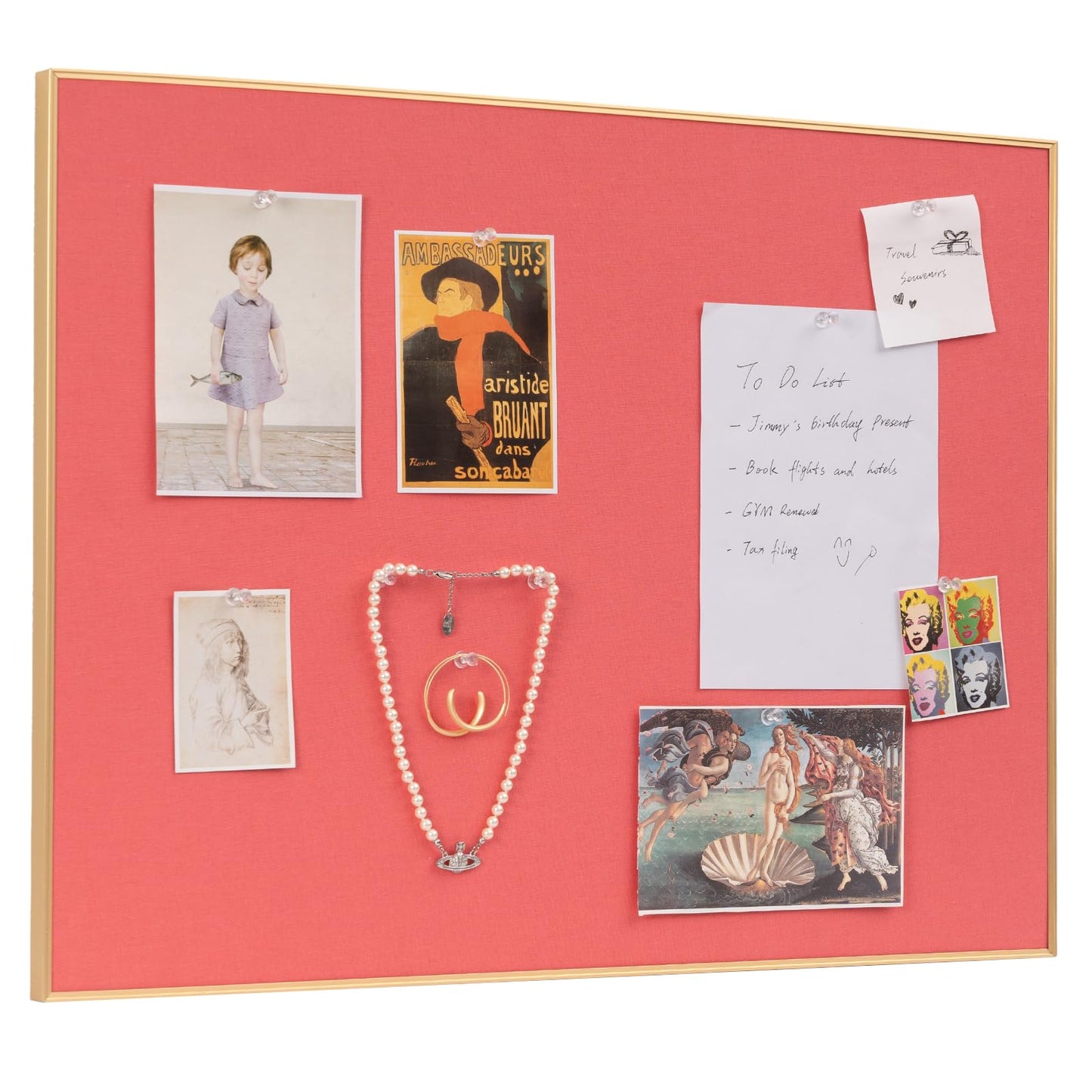 Lightomorrow Bulletin Board 23.6 x 17.7 inches, Coral Red Pin Board, Golden Aluminum Framed Fabric Cork Board with 10 Push Pins