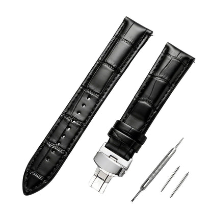 EREBUSE Genuine Leather Watch Strap 18mm 20mm 22mm, Classic Replacement Watch Band for Men Women, Soft Padded Cowhide with Silver Butterfly Deployment Clasp