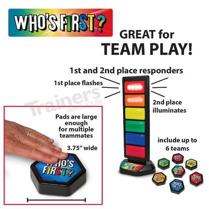 Trainers Warehouse Who's First? v3 Wireless Game 6 Buzzer System | Foster Gameshow Excitement in The Classroom - Includes Light Tower & USB Port & Randomizer | Make Trivia and quizzes Fun!