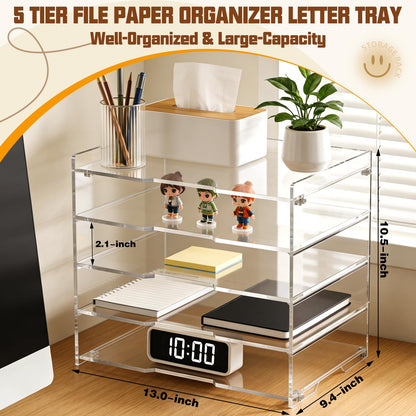 Leffis 5 Tier Acrylic Desk Organizer, Clear Paper File Folder Holder Letter Tray, Desktop Document Sorter for Office Home School Classroom, Tiered Storage Rack for Papers Bills Mail Supplies
