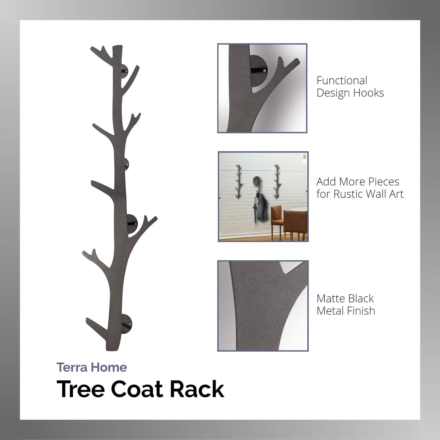 TERRA HOME Tree Branch Coat & Hat Rack Wall Mount with 8 Vertical Hooks for Caps, Coats, Purse & More Modern Storage Dog Leash Holder Decorative Wall Hooks Vertical
