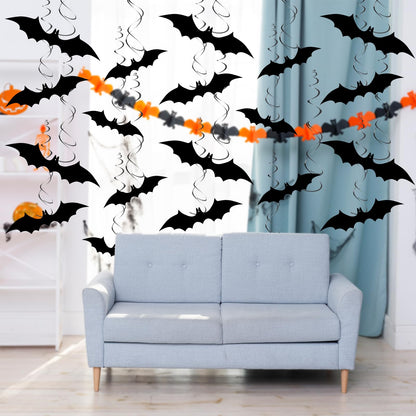 32 Pcs Halloween Bat Hanging Swirls Decorations, Black Bat Ceiling Streamers with Foil Spirals, Halloween Party Decor for Ceiling Window Porch Classroom Office Haunted House