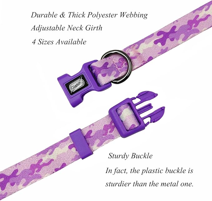 Dog Collar Leash Set, Camouflage Pattern, Polyester Material, Adjustable Collar and 5ft Matching Leash, for Large Dogs.(L, Purple Camo)