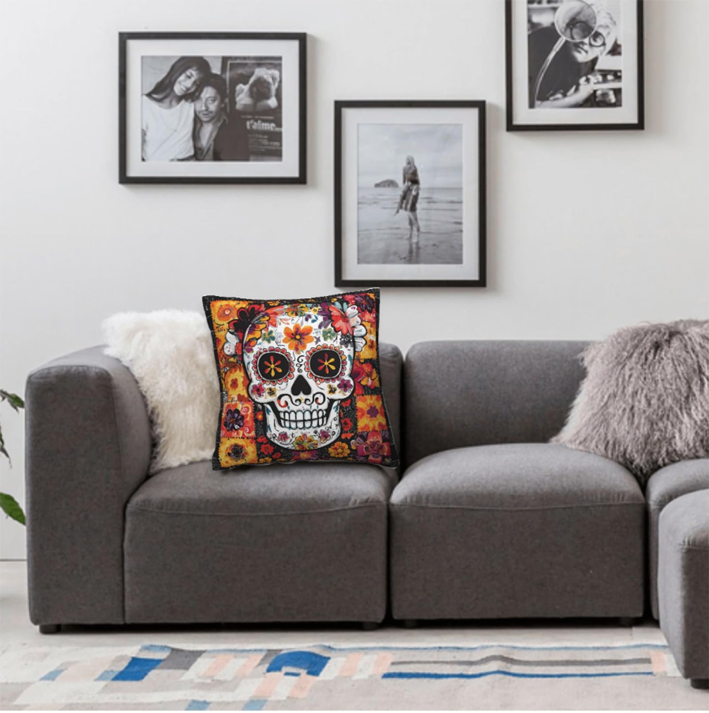 NenuVainl Throw Pillow Covers 18x18 Set of 2, Sugar Skull Cushion Covers, Decorative Square Pillowcases for Couch, Bedroom, Living Room