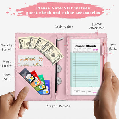 YeeCASE Pink Server Book, Fits Waitress Server Apron, Receipt Holder, Guest Book Perfectly,Waitress Server Accessories, Compact Organizer with Zipper Pocket (Hibiscus)