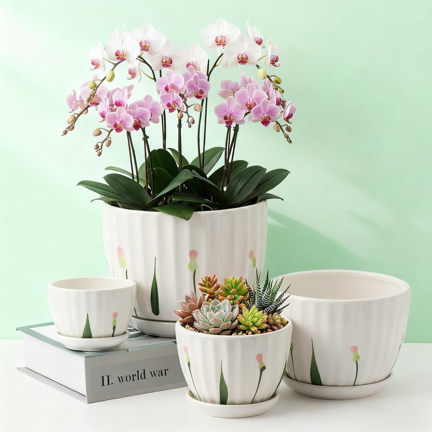 Acellegic 4 Pack Ceramic Orchid Pots with Drainage Holes and Tray 3.35+4.33+5.51+6.61 Inch Ceramic Plant Pot White Garden Planter for Indoor Outdoor Home Decor Gifts for Plant Lovers