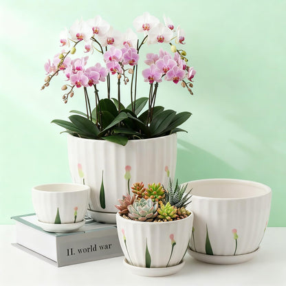 Acellegic 4 Pack Ceramic Orchid Pots with Drainage Holes and Tray 3.35+4.33+5.51+6.61 Inch Ceramic Plant Pot White Garden Planter for Indoor Outdoor Home Decor Gifts for Plant Lovers